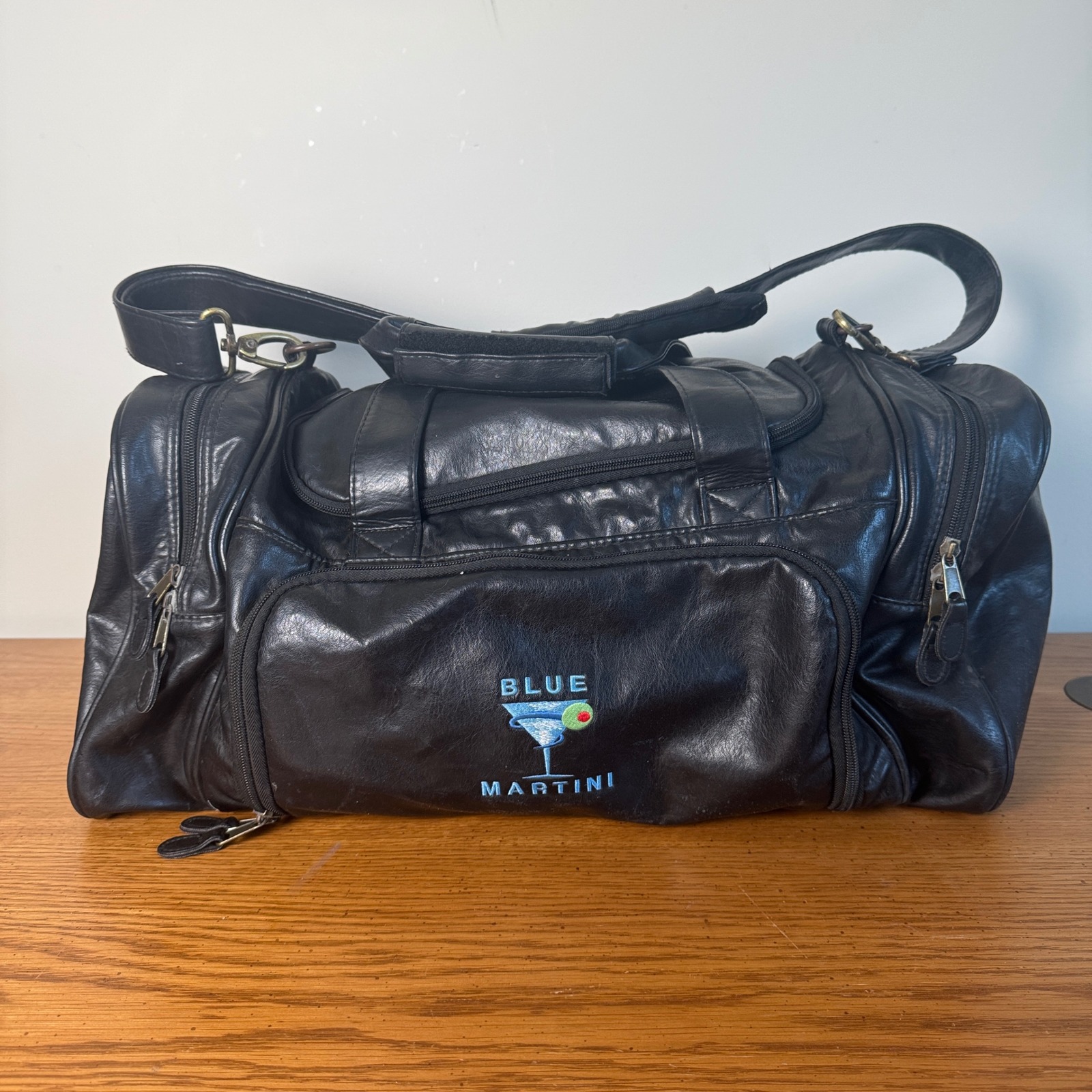 Y2k Blue Martini Black Leather Duffle Bag Travel Weekender Gym Luggage Vintage